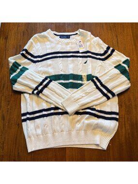 Nautica Mens Medium Cable Knit Striped Sweater White With Navy & Green Accents 1